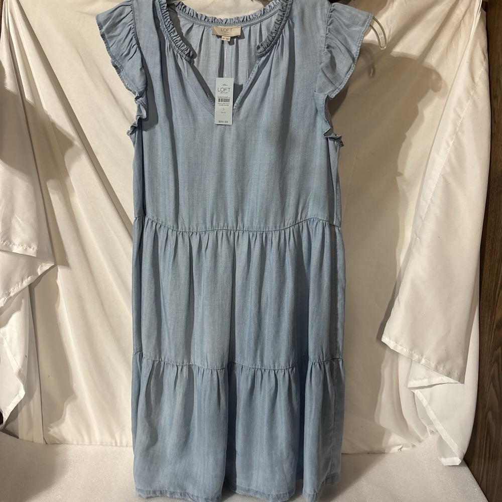 LOFT Chambray Tiered Mini Dress Blue Flutter Sleeve Boho Country Cottagecore SP